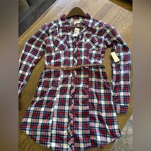 NWT Passport Plaid Shirt Dress w/ Braided Belt – Red/Navy/Ivory – Size Small